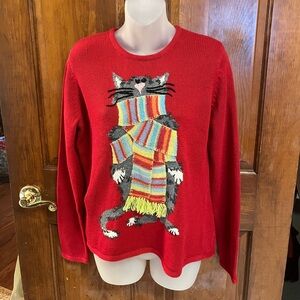 NOS Vtg Susan Bristol Sweater Womens Small embroidered cat  With striped scarf